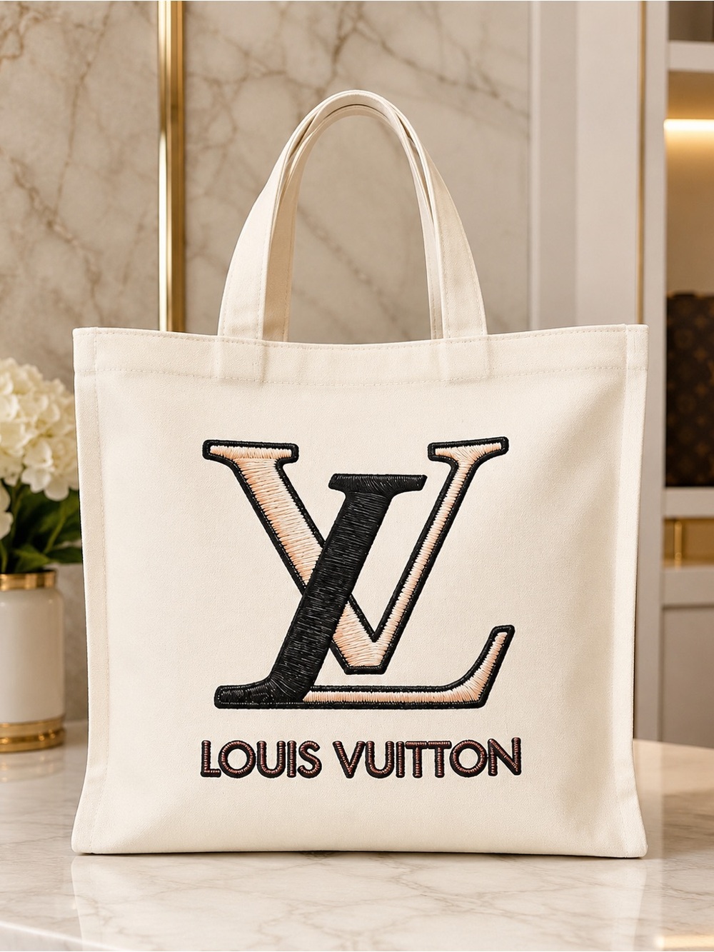 Cream Canvas Logo Tote Bag